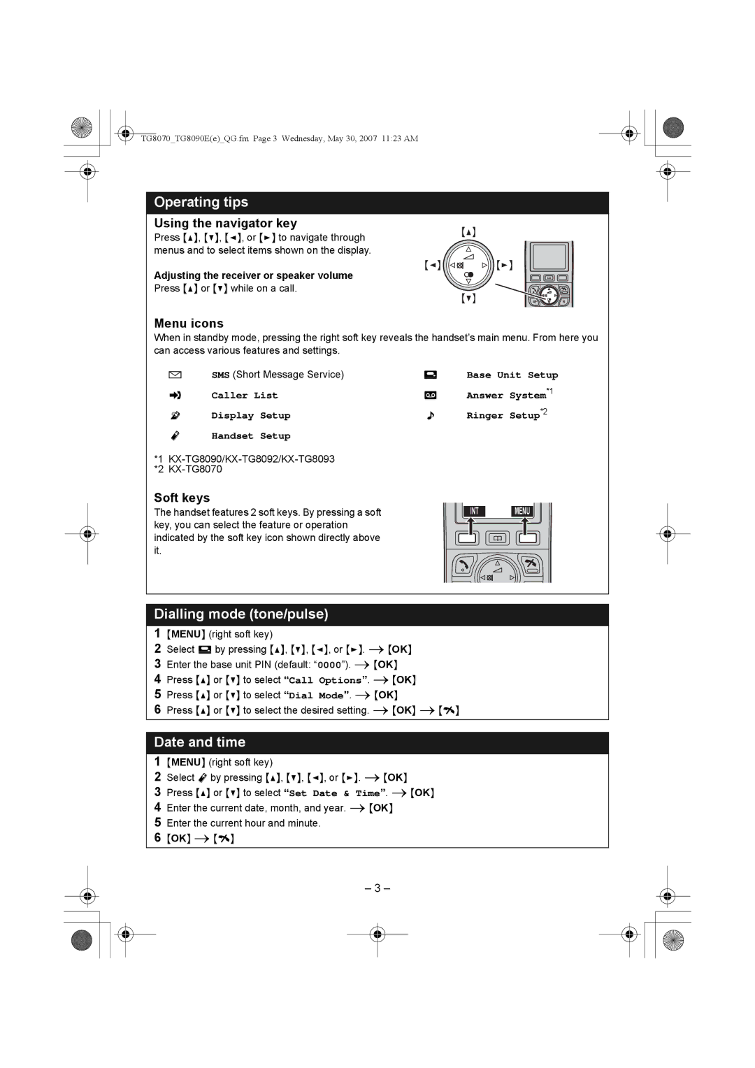 Panasonic KX-TG8070E manual Operating tips, Dialling mode tone/pulse, Date and time 