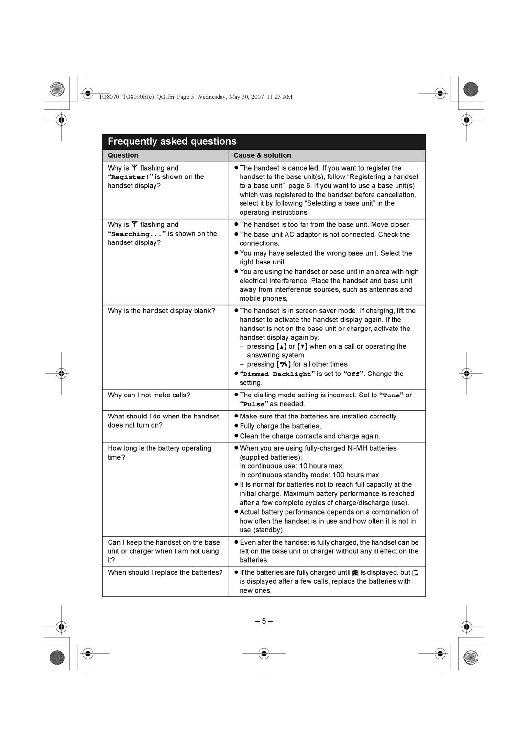 Panasonic KX-TG8070E manual Frequently asked questions, Question Cause & solution 