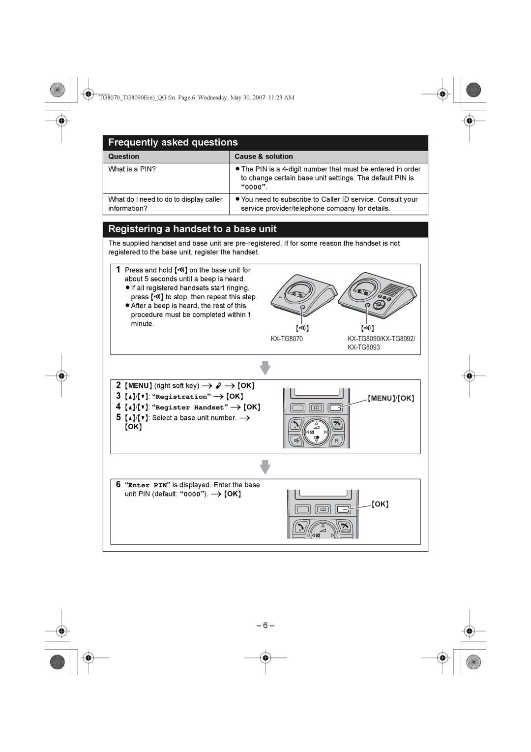 Panasonic KX-TG8070E manual Registering a handset to a base unit, 0000, Registration i OK, Menu /OK, Register Handset i OK 