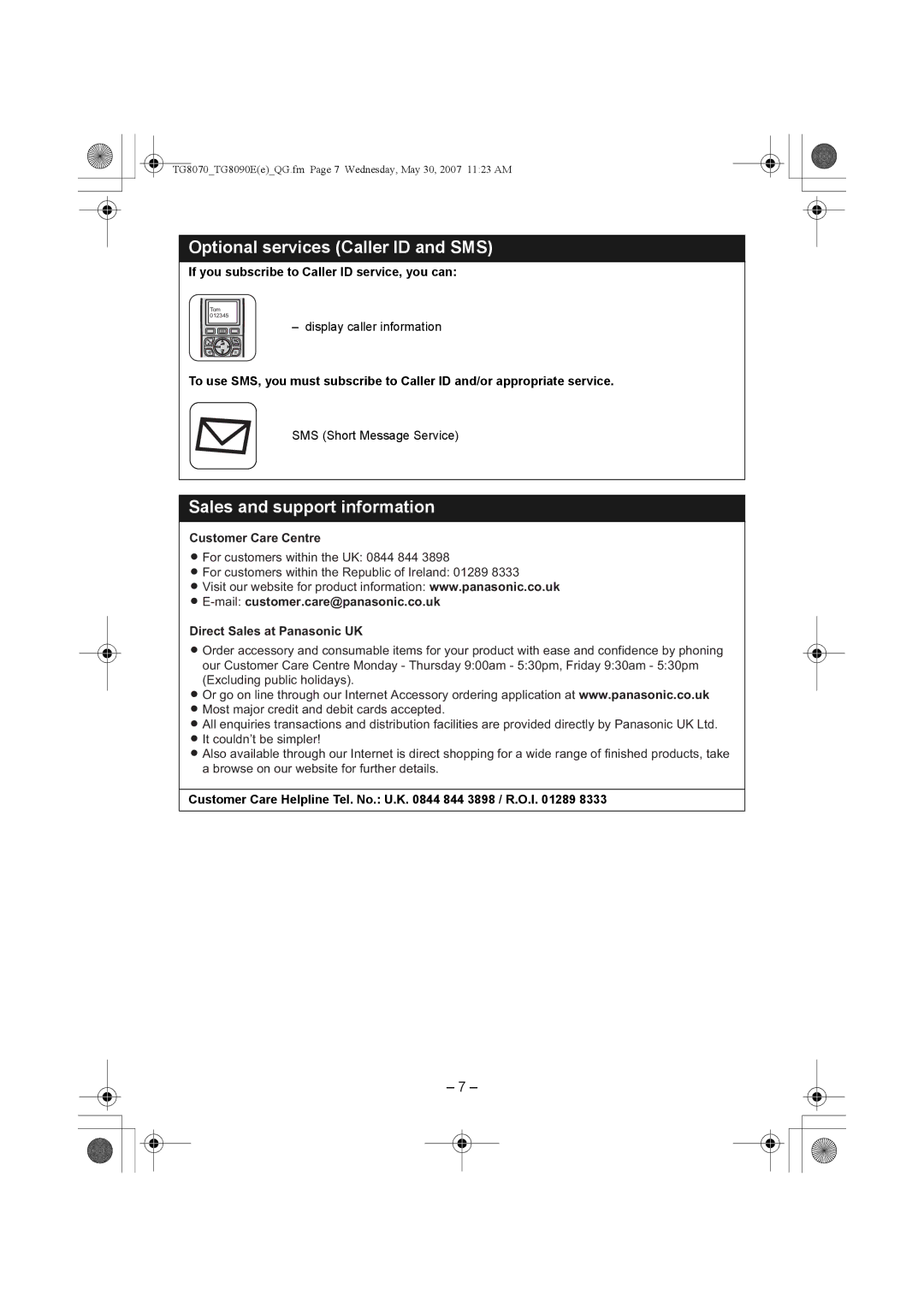 Panasonic KX-TG8070E manual Optional services Caller ID and SMS, Sales and support information, Customer Care Centre 