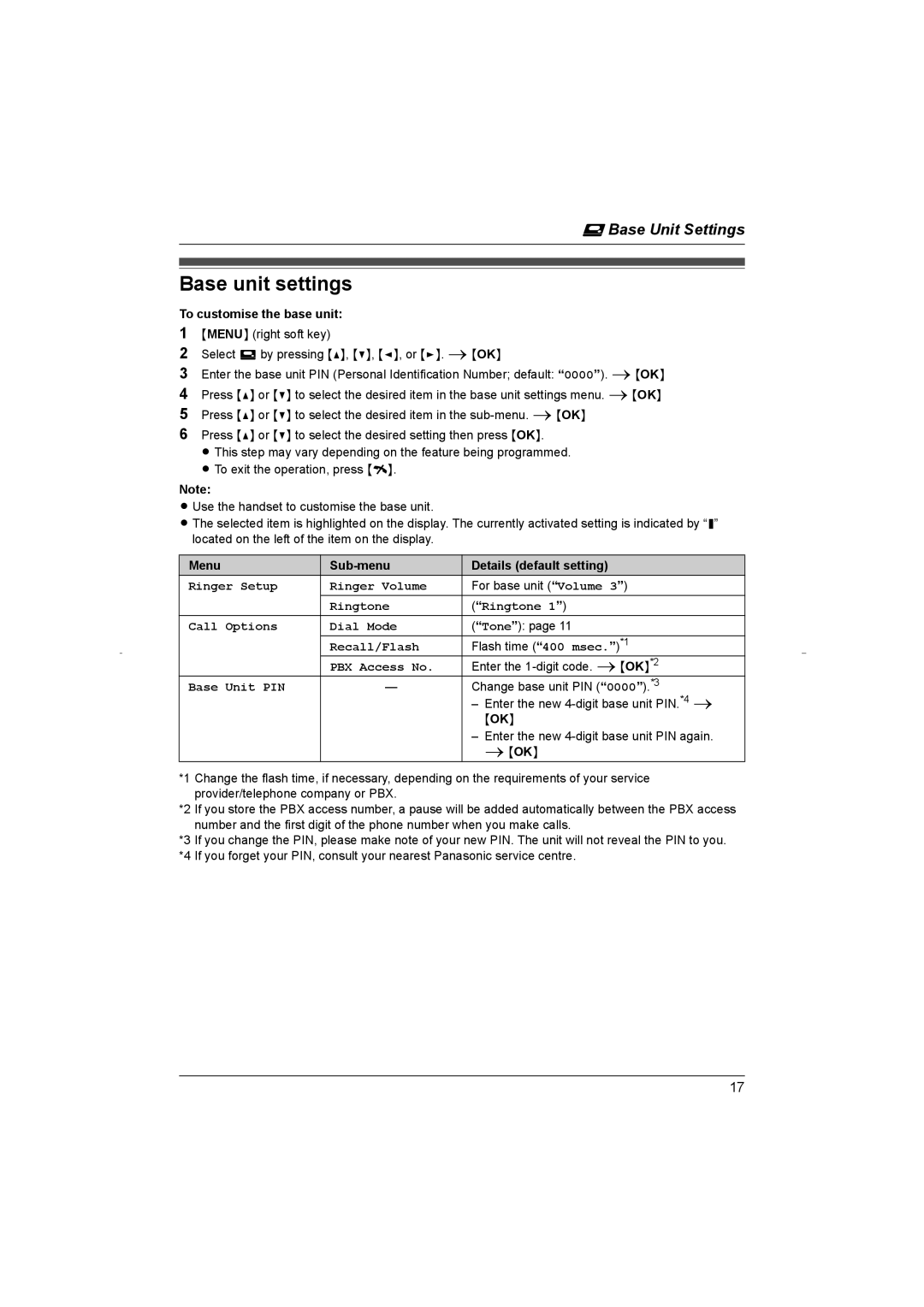 Panasonic KX-TG8070HK Base unit settings, Ringtone Call Options Dial Mode, Recall/Flash, PBX Access No, Base Unit PIN 