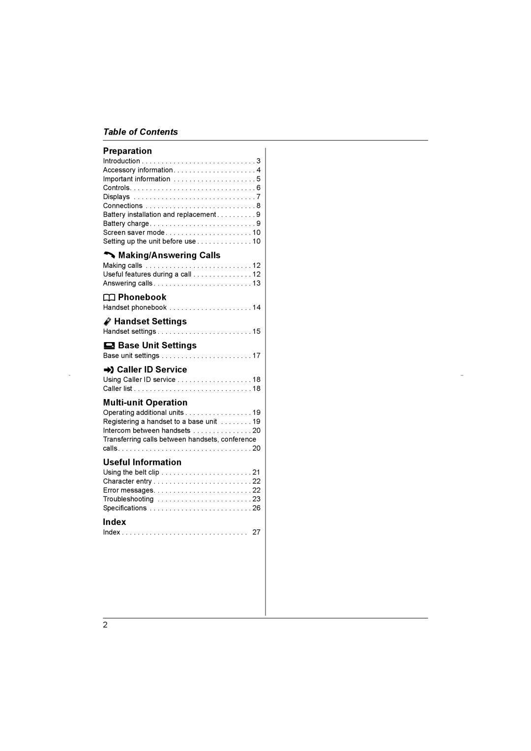 Panasonic KX-TG8070HK operating instructions Table of Contents 