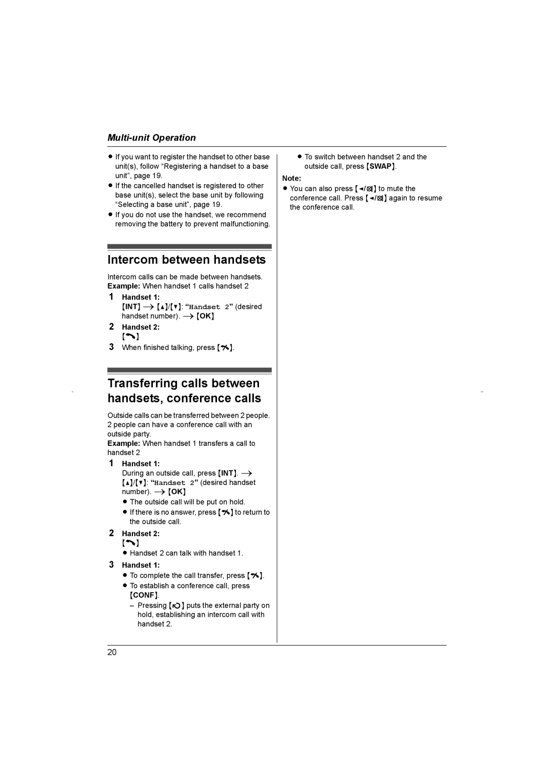 Panasonic KX-TG8070HK Intercom between handsets, Transferring calls between handsets, conference calls, Handset 