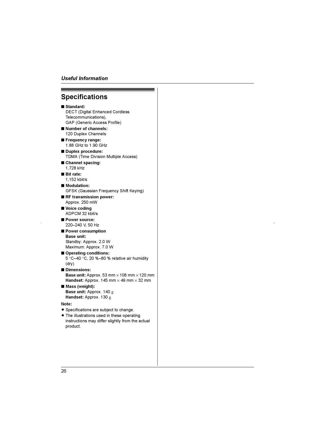 Panasonic KX-TG8070HK operating instructions Specifications 