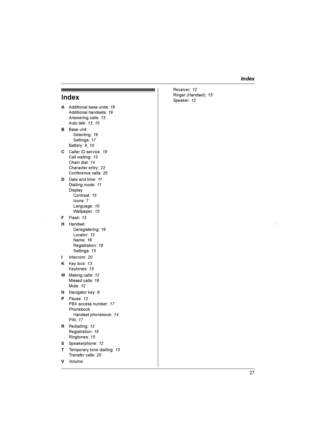 Panasonic KX-TG8070HK operating instructions Index 