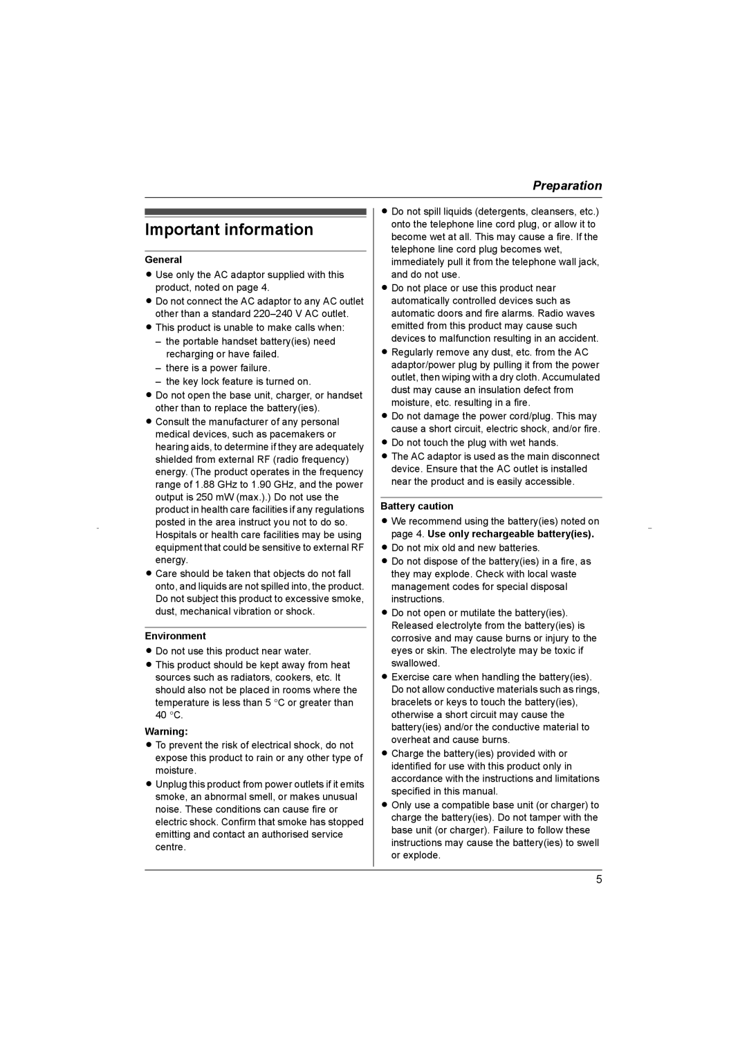 Panasonic KX-TG8070HK operating instructions Important information, General, Environment, Battery caution 