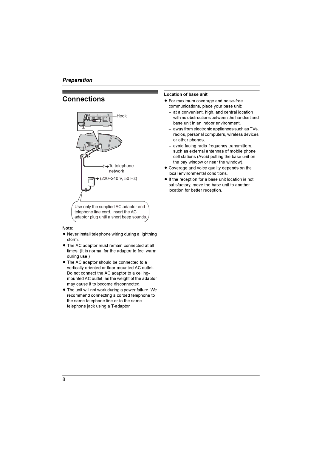 Panasonic KX-TG8070HK operating instructions Connections, Location of base unit 