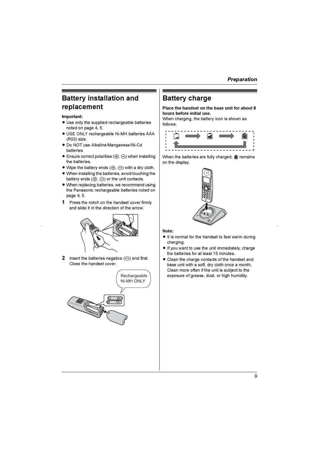 Panasonic KX-TG8070HK operating instructions Battery installation and replacement, Battery charge 