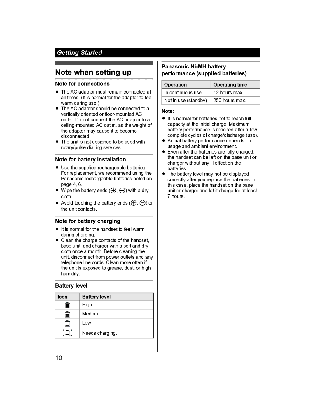 Panasonic KX-TG8163AL, KX-TG8162AL operating instructions Icon Battery level, Operation Operating time 