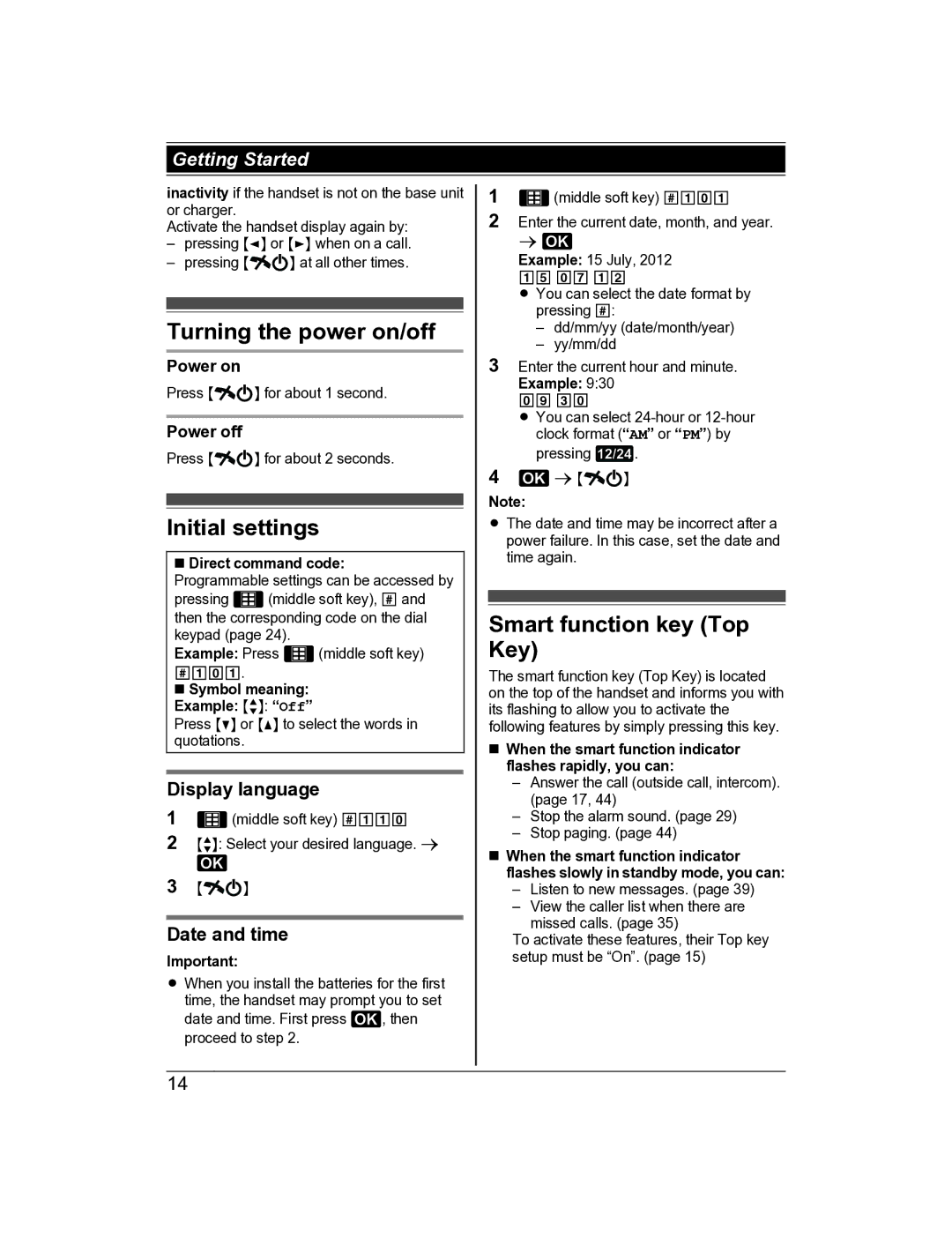 Panasonic KX-TG8163AL Turning the power on/off, Initial settings, Smart function key Top Key, Display language 