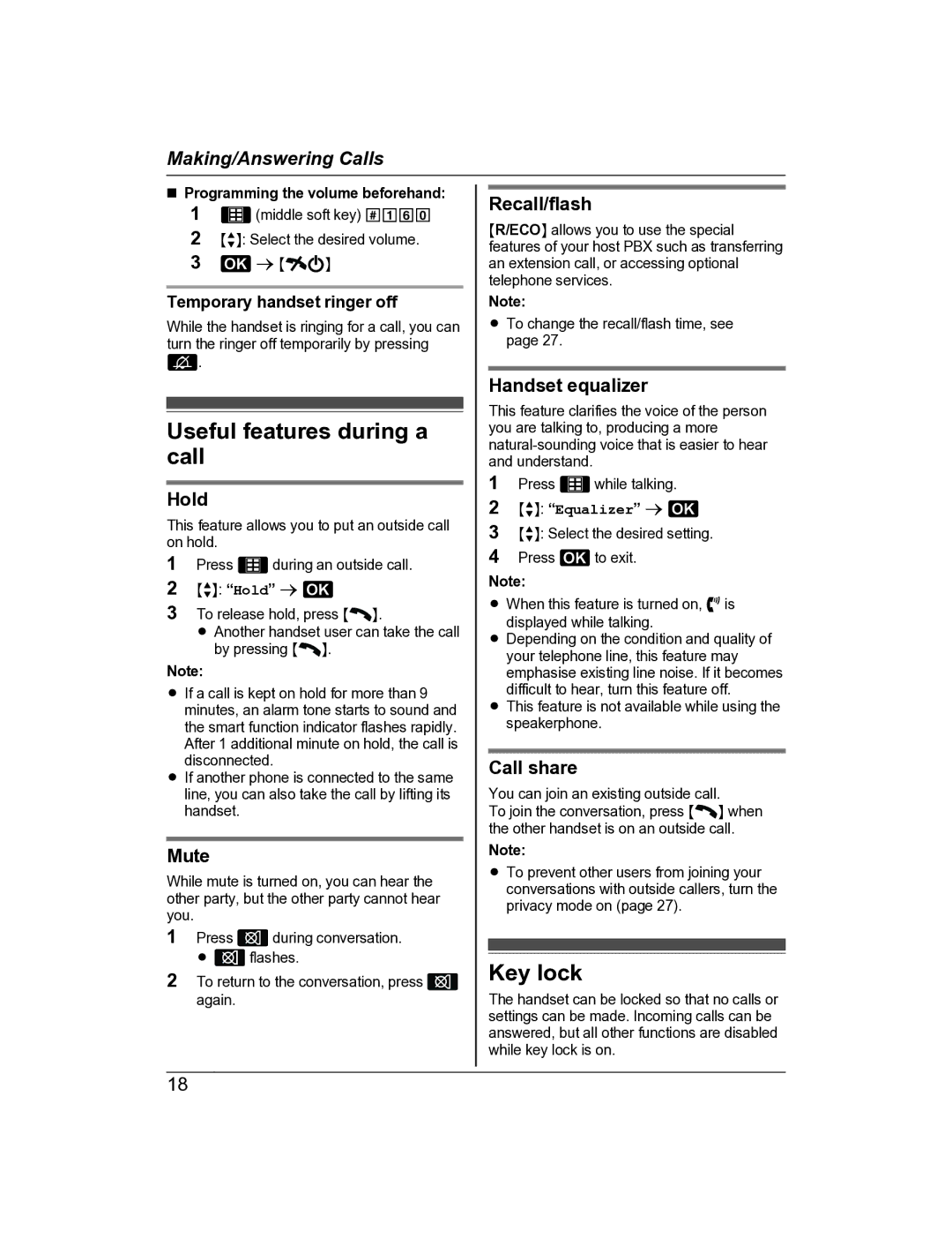 Panasonic KX-TG8163AL, KX-TG8162AL operating instructions Useful features during a call, Key lock 