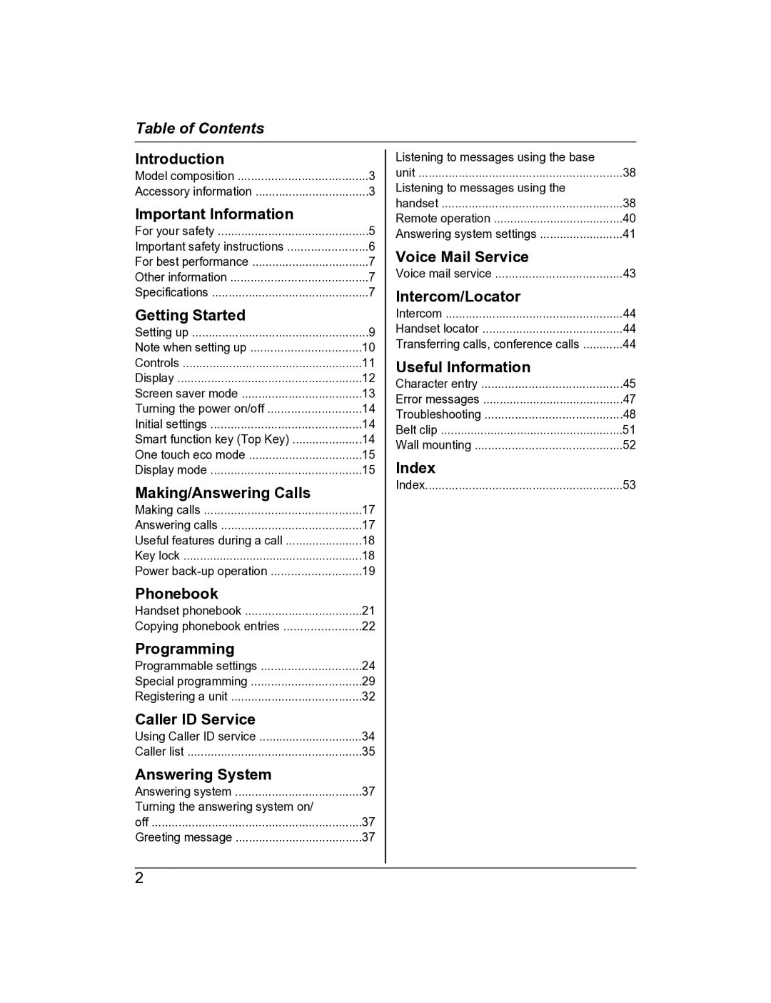 Panasonic KX-TG8163AL, KX-TG8162AL operating instructions Table of Contents 