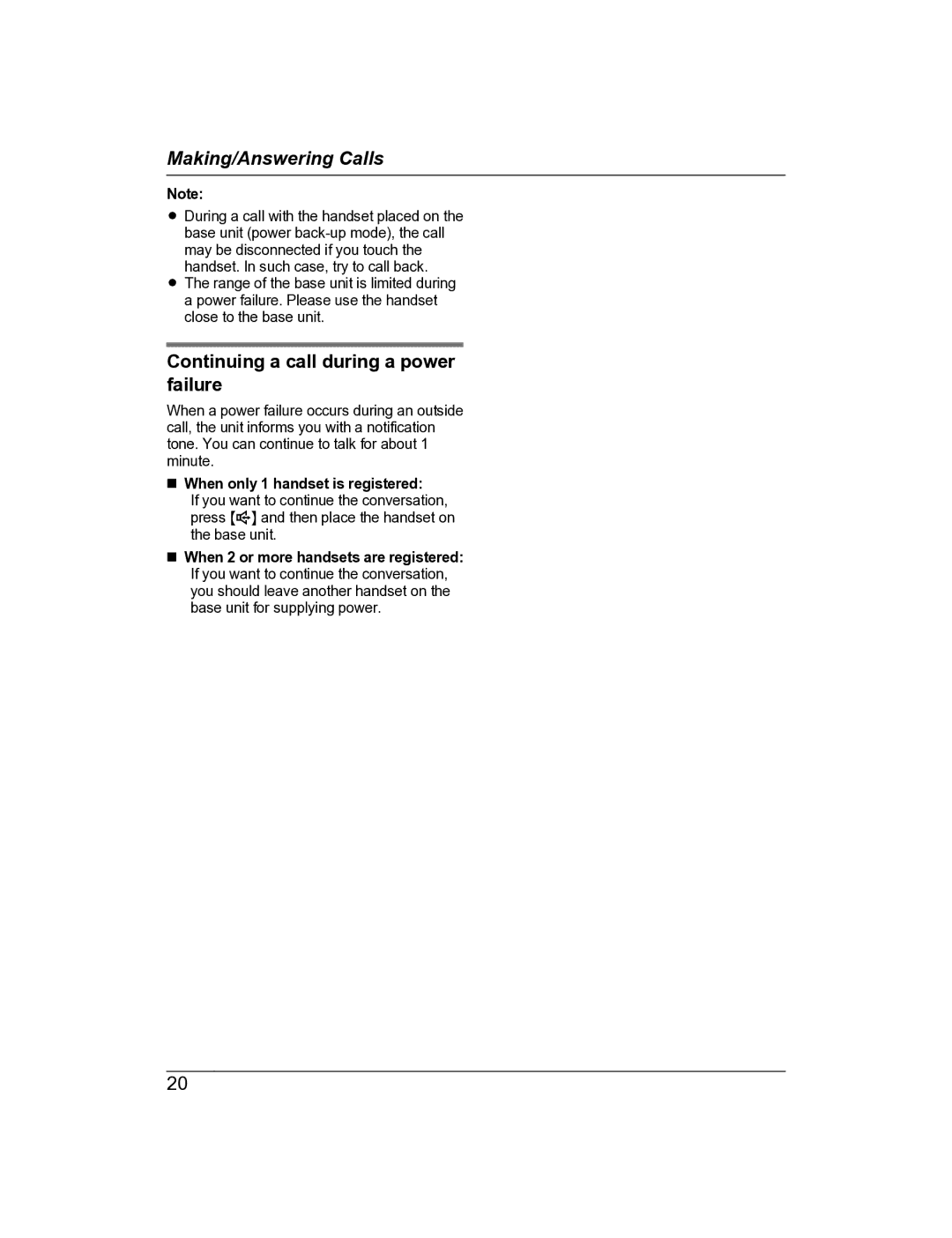 Panasonic KX-TG8163AL, KX-TG8162AL operating instructions Continuing a call during a power failure 