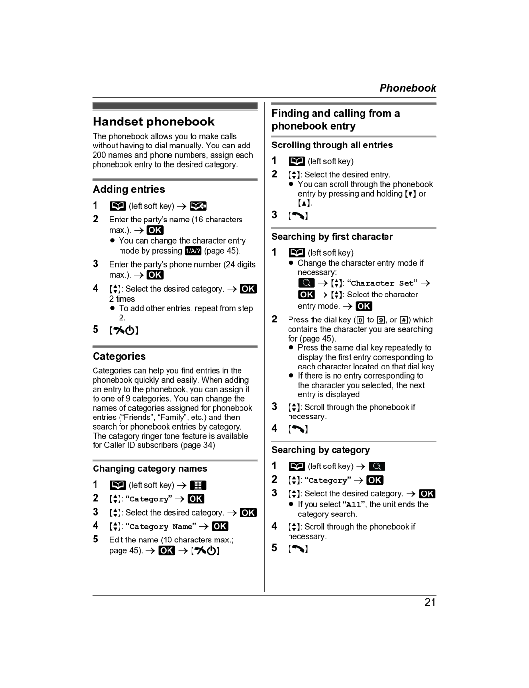 Panasonic KX-TG8162AL Handset phonebook, Adding entries, Categories, Finding and calling from a phonebook entry 