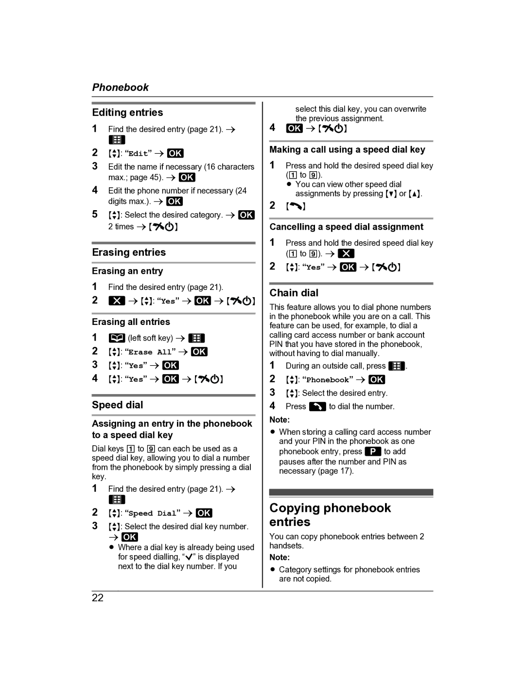 Panasonic KX-TG8163AL, KX-TG8162AL Copying phonebook entries, Editing entries, Erasing entries, Speed dial, Chain dial 