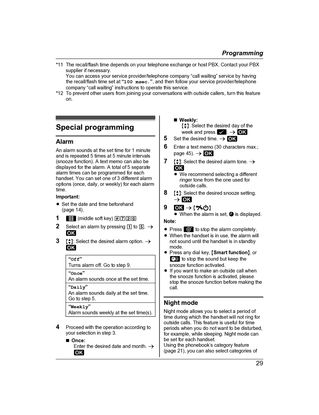 Panasonic KX-TG8162AL, KX-TG8163AL operating instructions Special programming, Alarm, Night mode, Off 