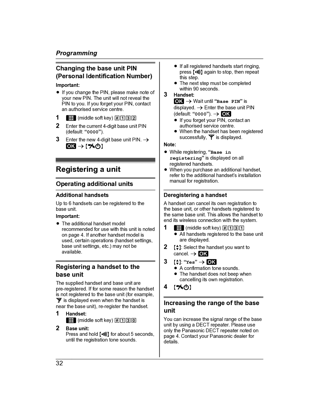 Panasonic KX-TG8163AL, KX-TG8162AL Registering a unit, Changing the base unit PIN Personal Identification Number 