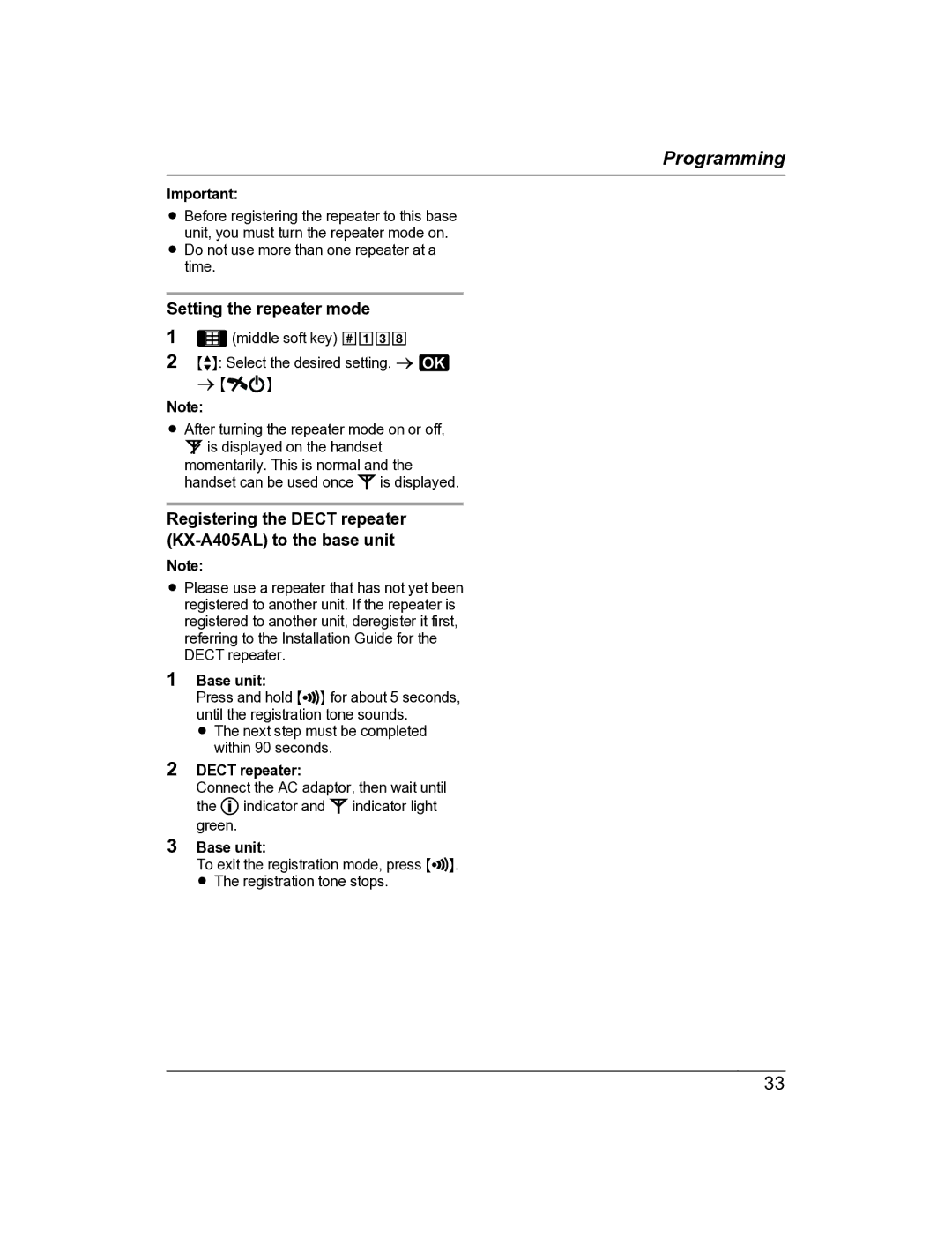 Panasonic KX-TG8162AL, KX-TG8163AL operating instructions Setting the repeater mode, Dect repeater 