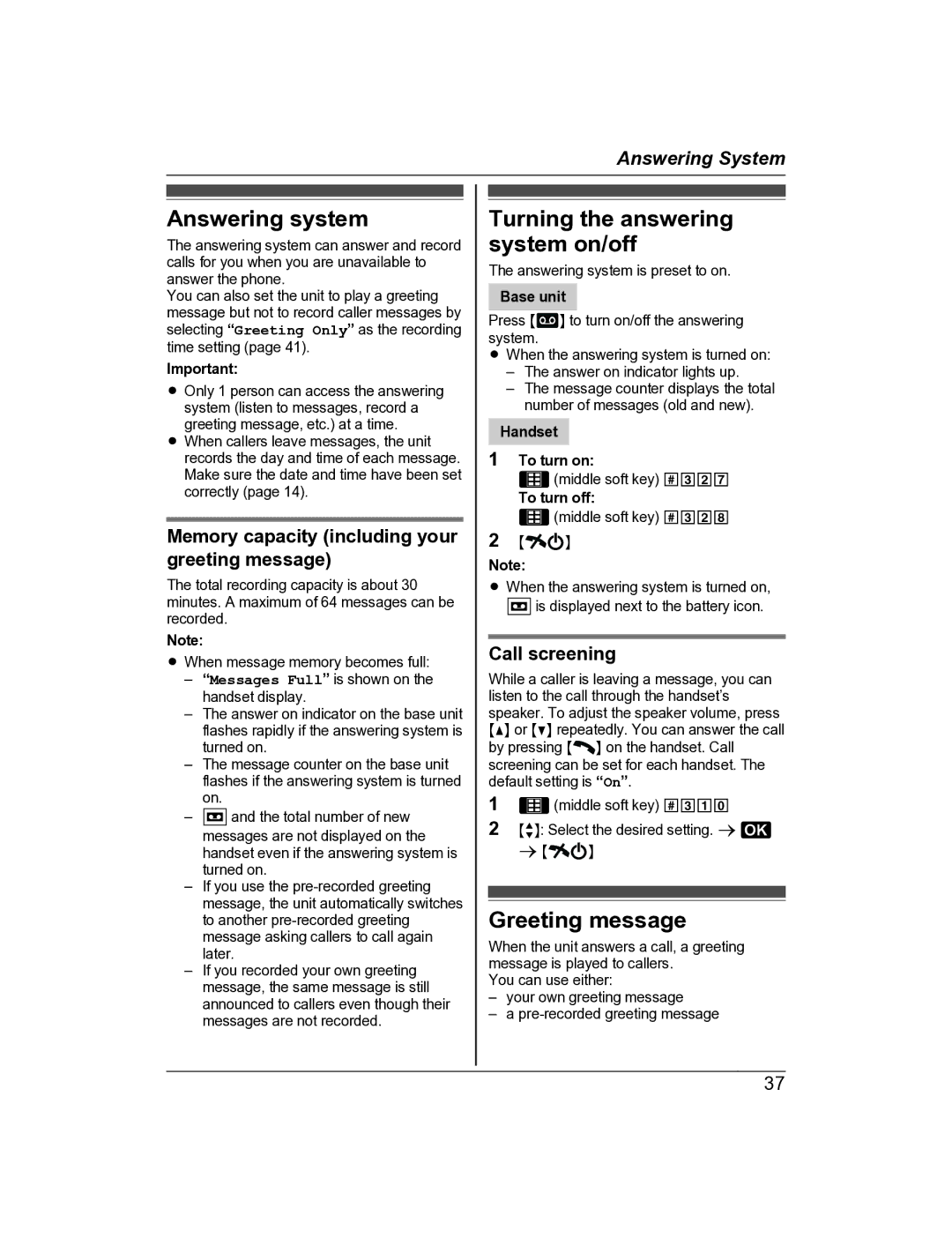 Panasonic KX-TG8162AL Answering system, Greeting message, Memory capacity including your greeting message, Call screening 