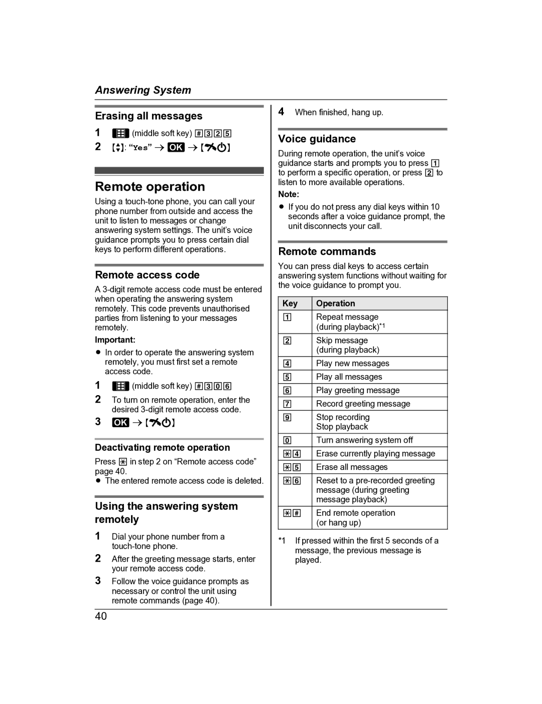 Panasonic KX-TG8163AL Remote operation, Remote access code, Using the answering system remotely, Voice guidance 