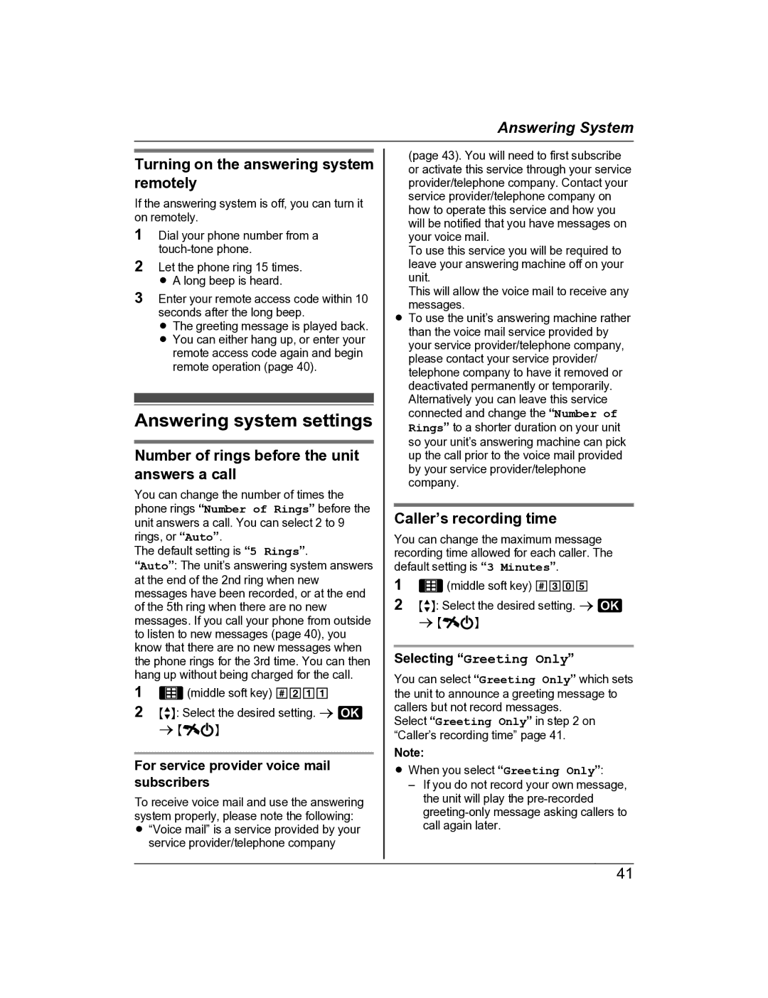 Panasonic KX-TG8162AL Answering system settings, Turning on the answering system remotely, Caller’s recording time 