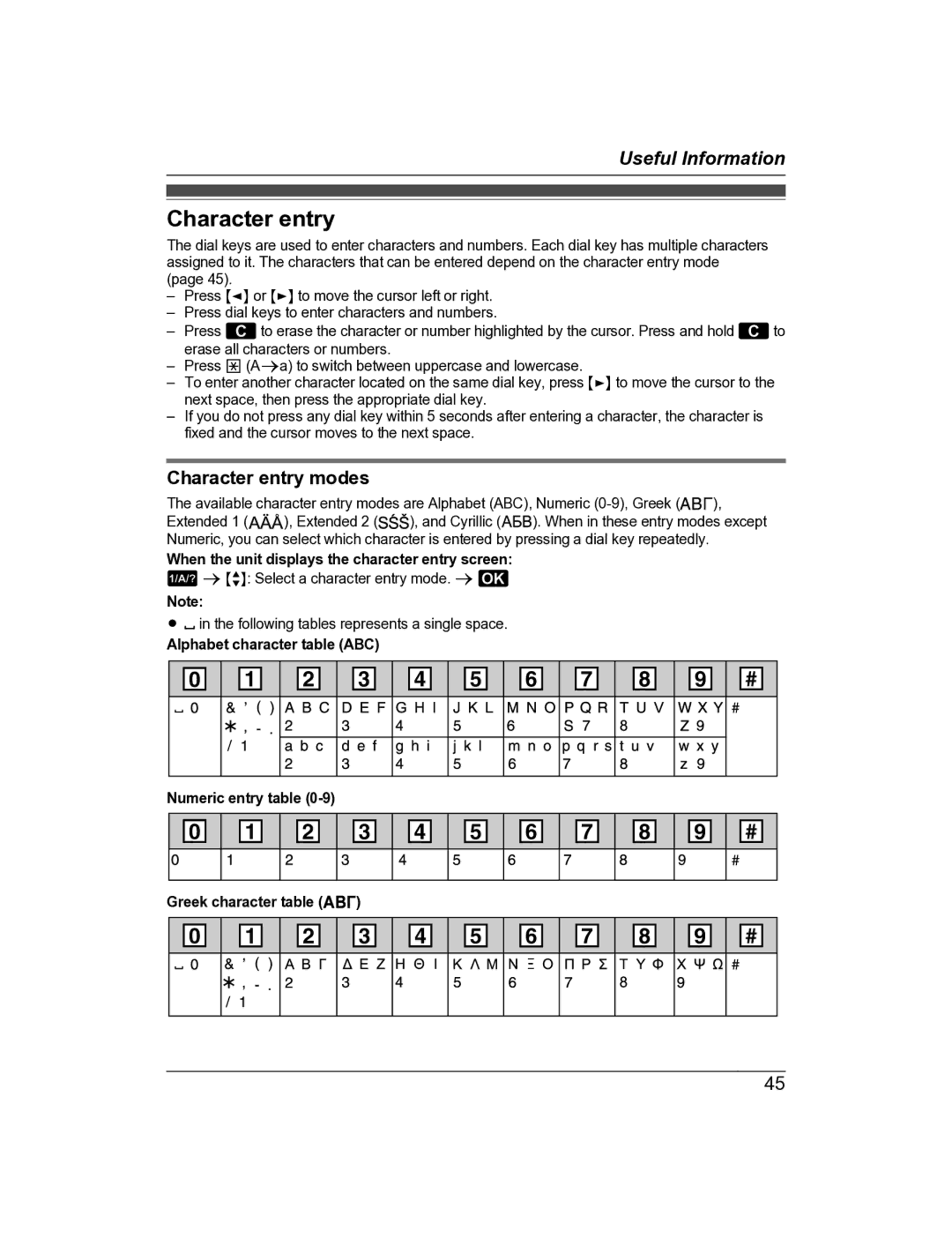 Panasonic KX-TG8162AL, KX-TG8163AL operating instructions Character entry modes 