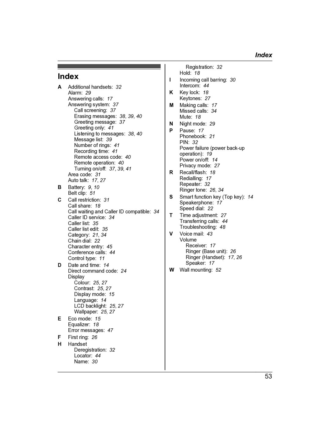 Panasonic KX-TG8162AL, KX-TG8163AL operating instructions Index 