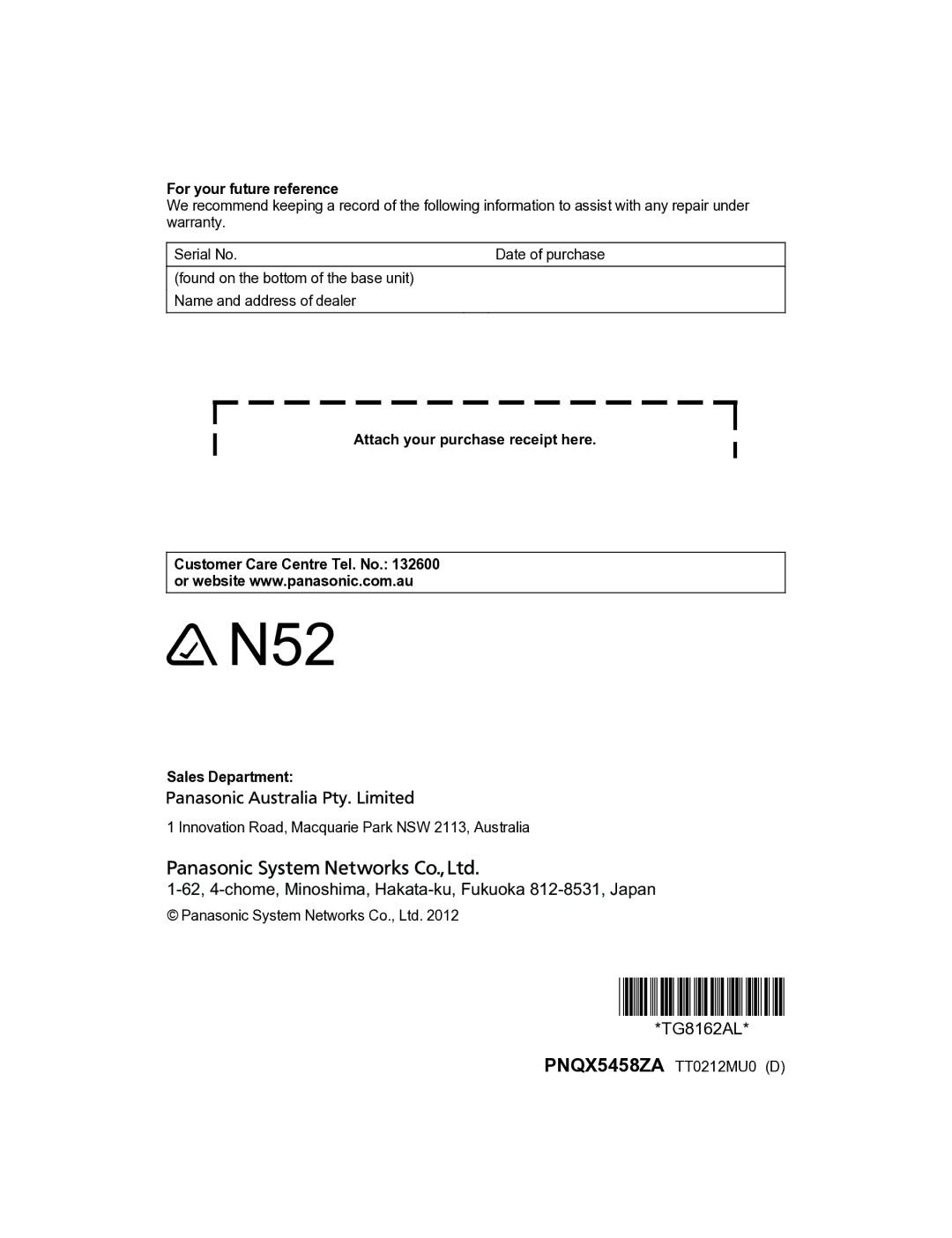 Panasonic KX-TG8163AL, KX-TG8162AL For your future reference, Attach your purchase receipt here, Sales Department 