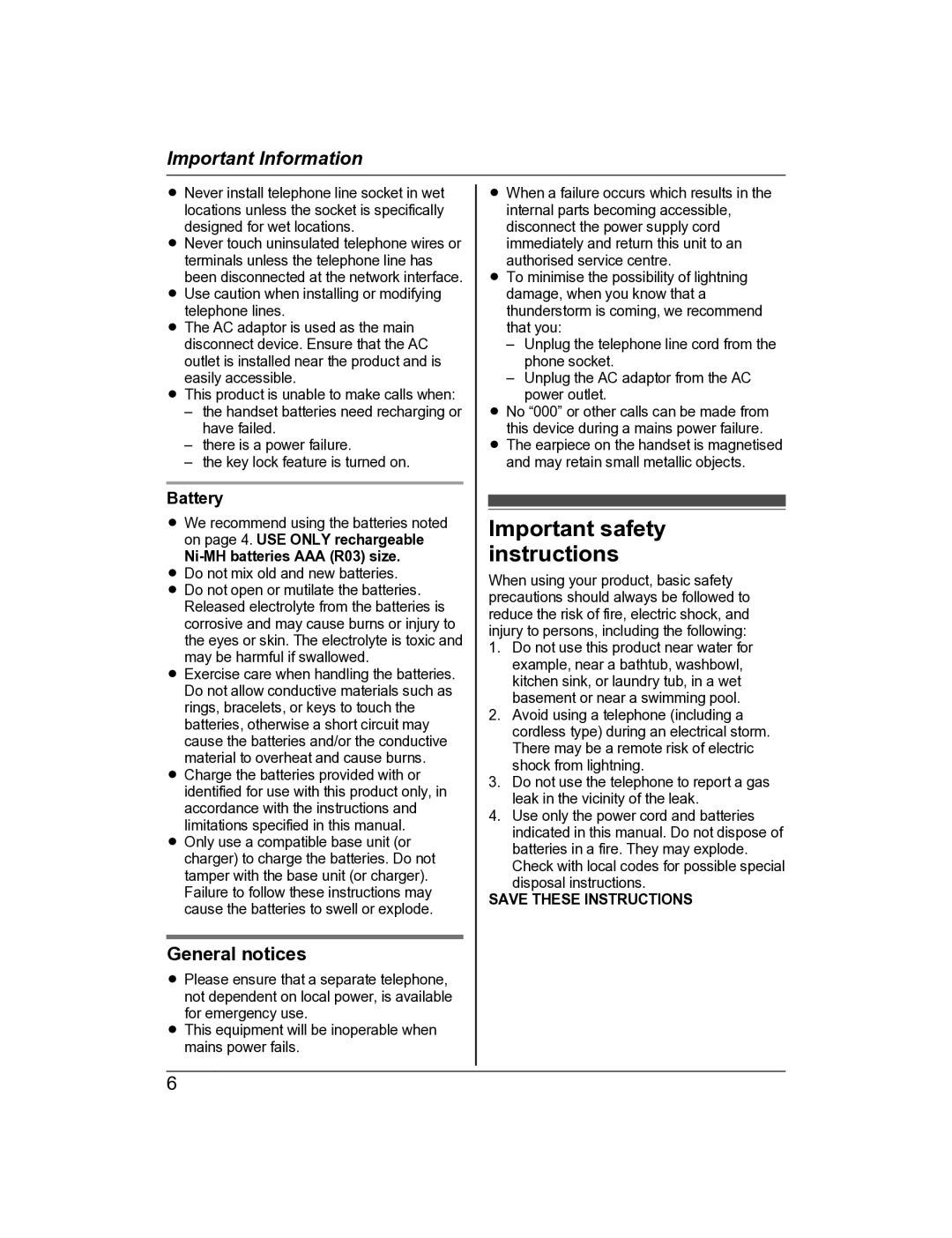 Panasonic KX-TG8163AL, KX-TG8162AL Important safety instructions, General notices, Battery, Ni-MH batteries AAA R03 size 