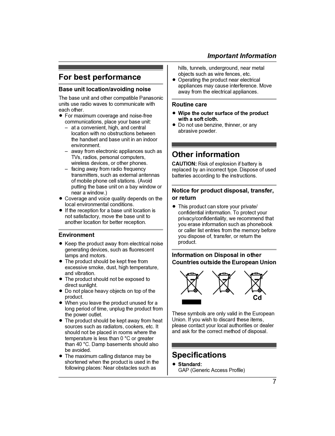 Panasonic KX-TG8162AL, KX-TG8163AL operating instructions For best performance, Other information, Specifications 