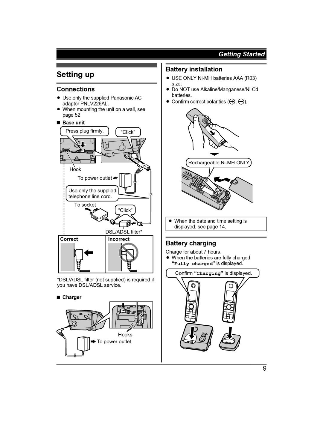 Panasonic KX-TG8162AL, KX-TG8163AL Setting up, Connections, Battery installation, Battery charging, Correct Incorrect 