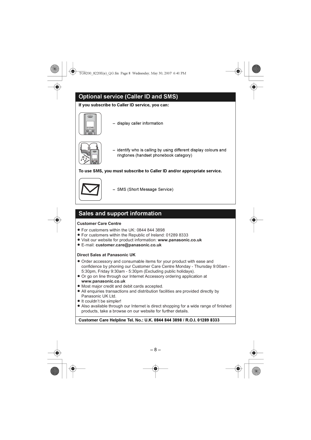 Panasonic KX-TG8220E/KX-TG8222E Optional service Caller ID and SMS, Sales and support information, Customer Care Centre 