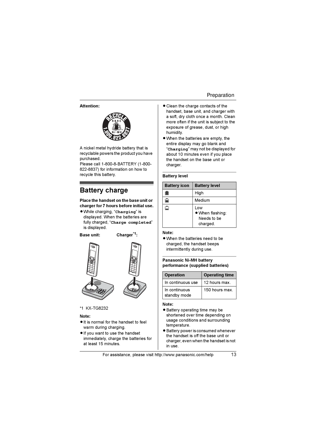 Panasonic KX-TG8232, KX-TG8231 Battery charge, Base unit, Battery level Battery icon Battery level, Operation 