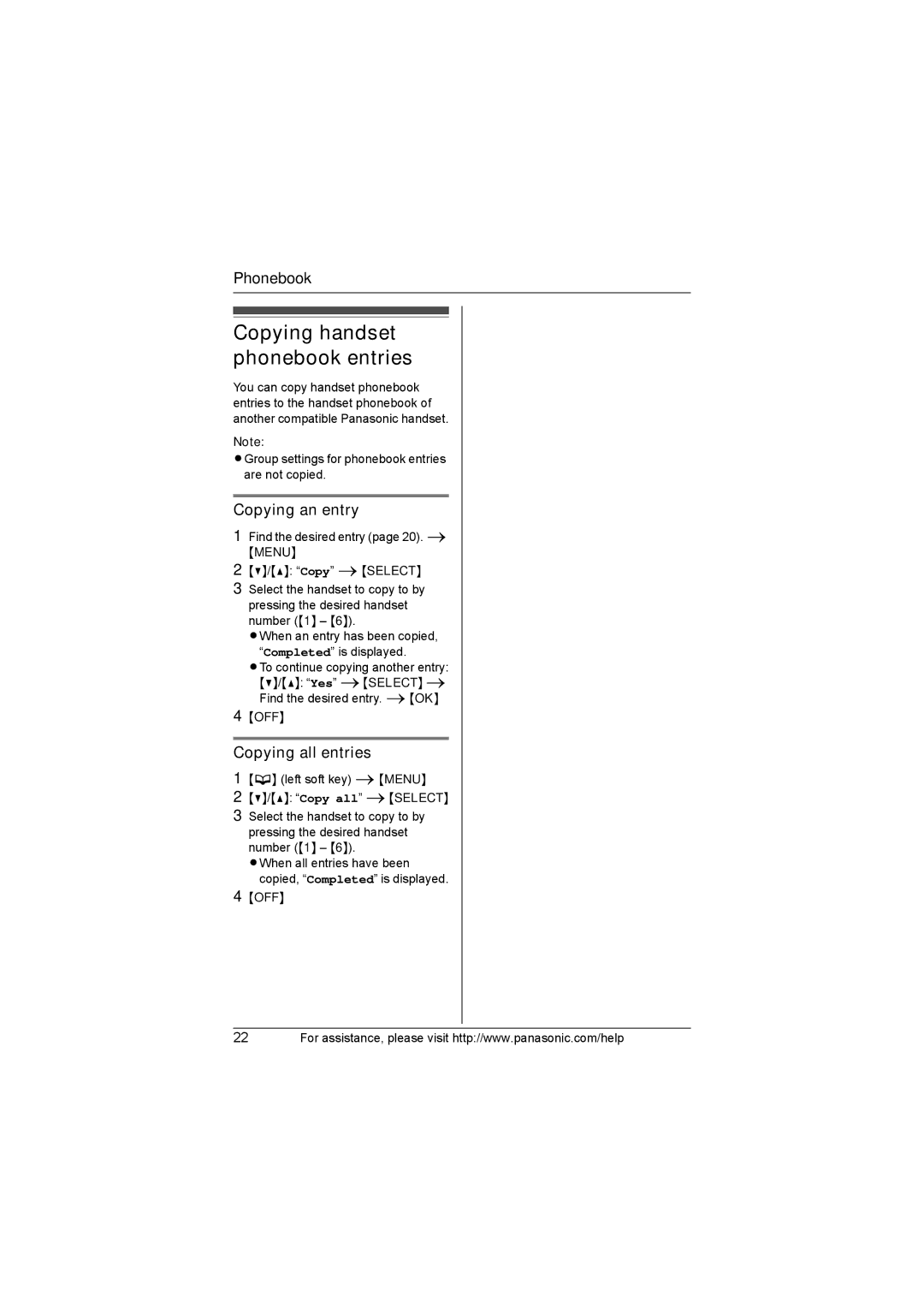 Panasonic KX-TG8231, KX-TG8232 Copying handset phonebook entries, Copying an entry, Copying all entries 