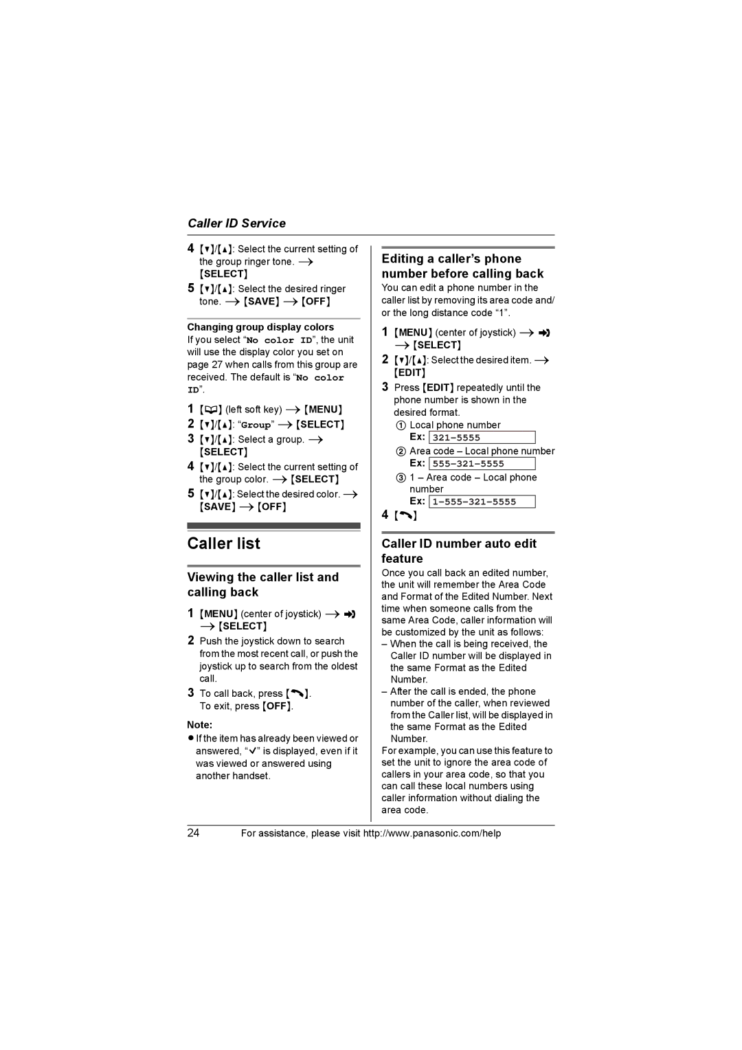 Panasonic KX-TG8231, KX-TG8232 Caller list, Viewing the caller list and calling back, Caller ID number auto edit feature 