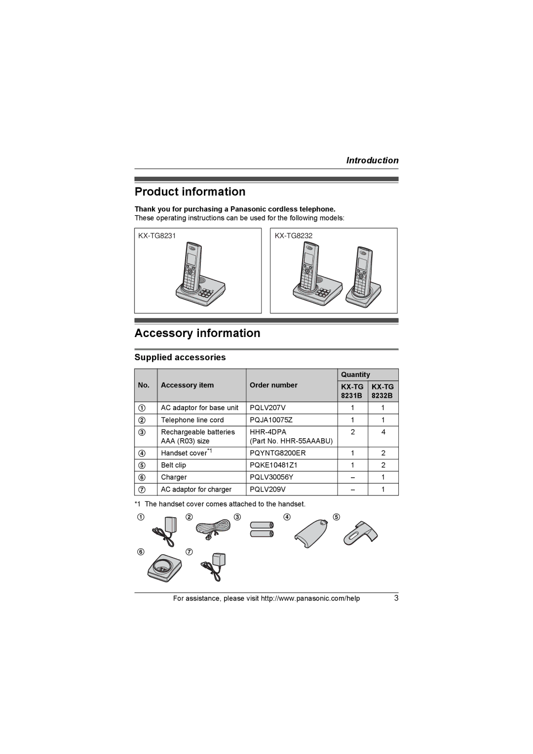 Panasonic KX-TG8232, KX-TG8231 operating instructions Product information, Accessory information, Supplied accessories 