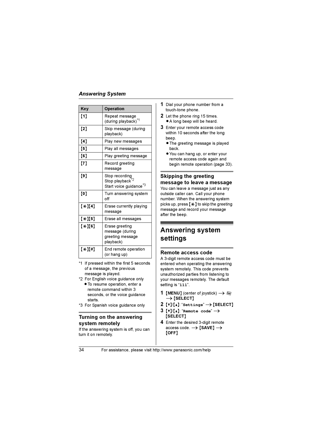 Panasonic KX-TG8231, KX-TG8232 Answering system settings, Turning on the answering system remotely, Remote access code 