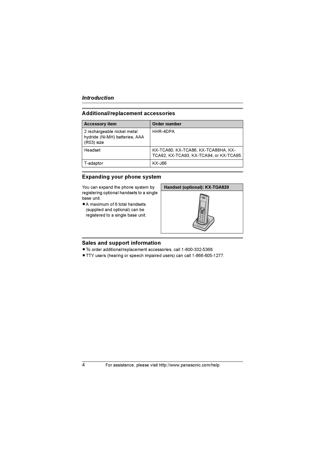 Panasonic KX-TG8231 Additional/replacement accessories, Expanding your phone system, Sales and support information 