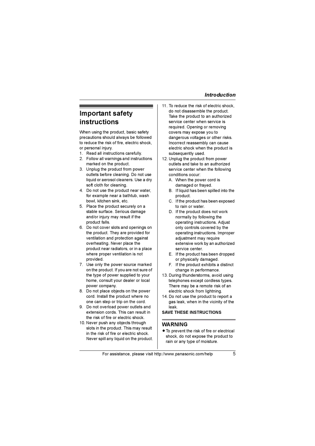 Panasonic KX-TG8232, KX-TG8231 operating instructions Important safety instructions, Leak 