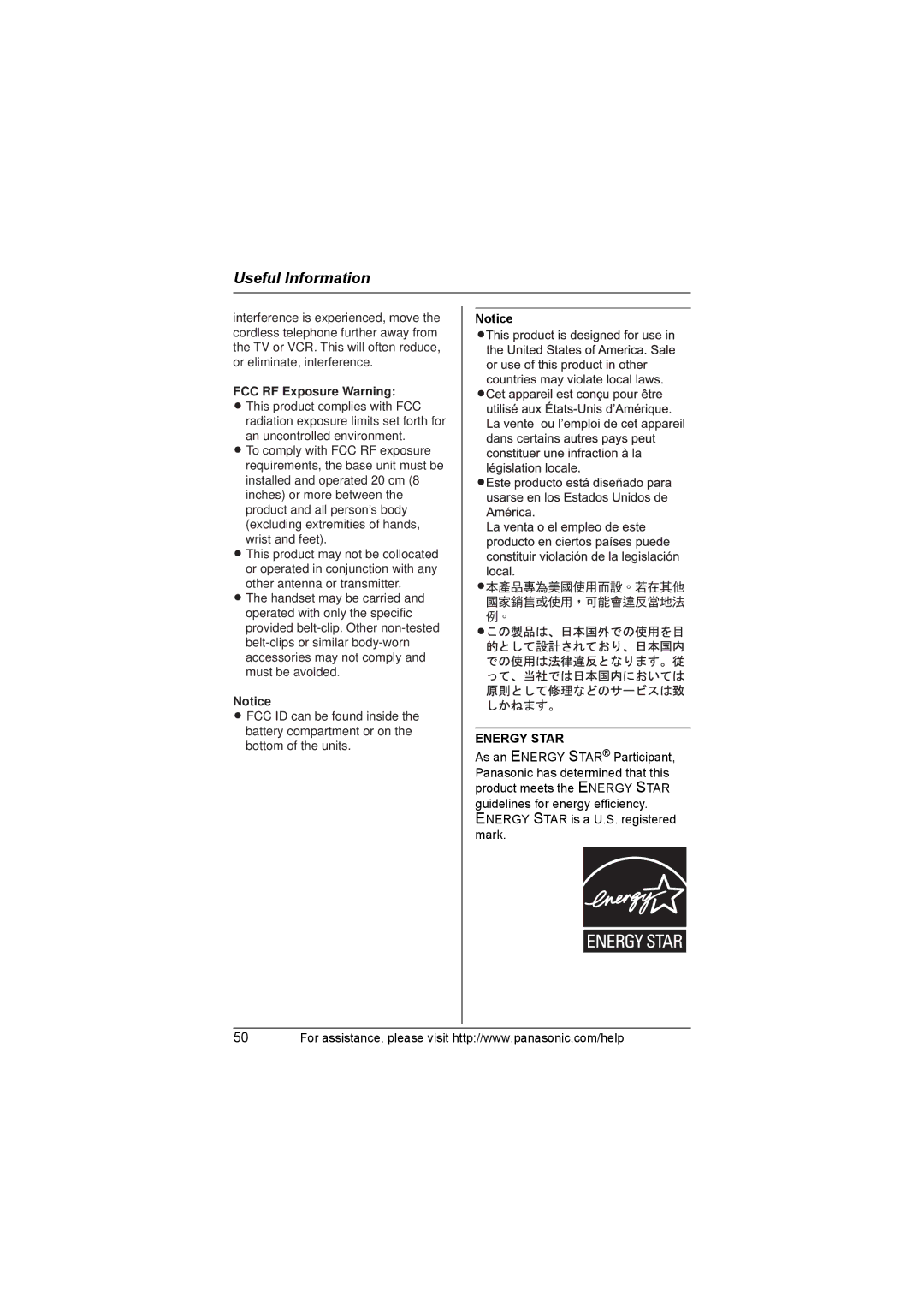 Panasonic KX-TG8231, KX-TG8232 operating instructions FCC RF Exposure Warning, Energy Star 