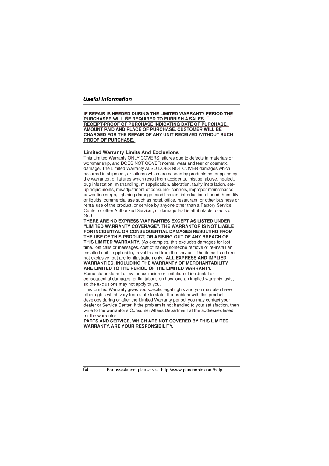 Panasonic KX-TG8231, KX-TG8232 operating instructions Limited Warranty Limits And Exclusions 