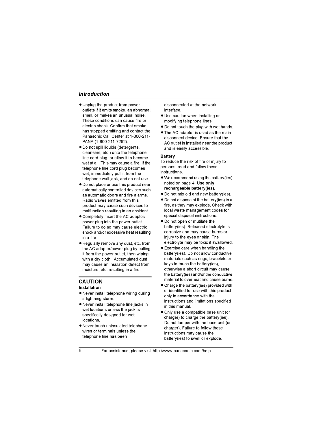 Panasonic KX-TG8231, KX-TG8232 operating instructions Installation, Battery 