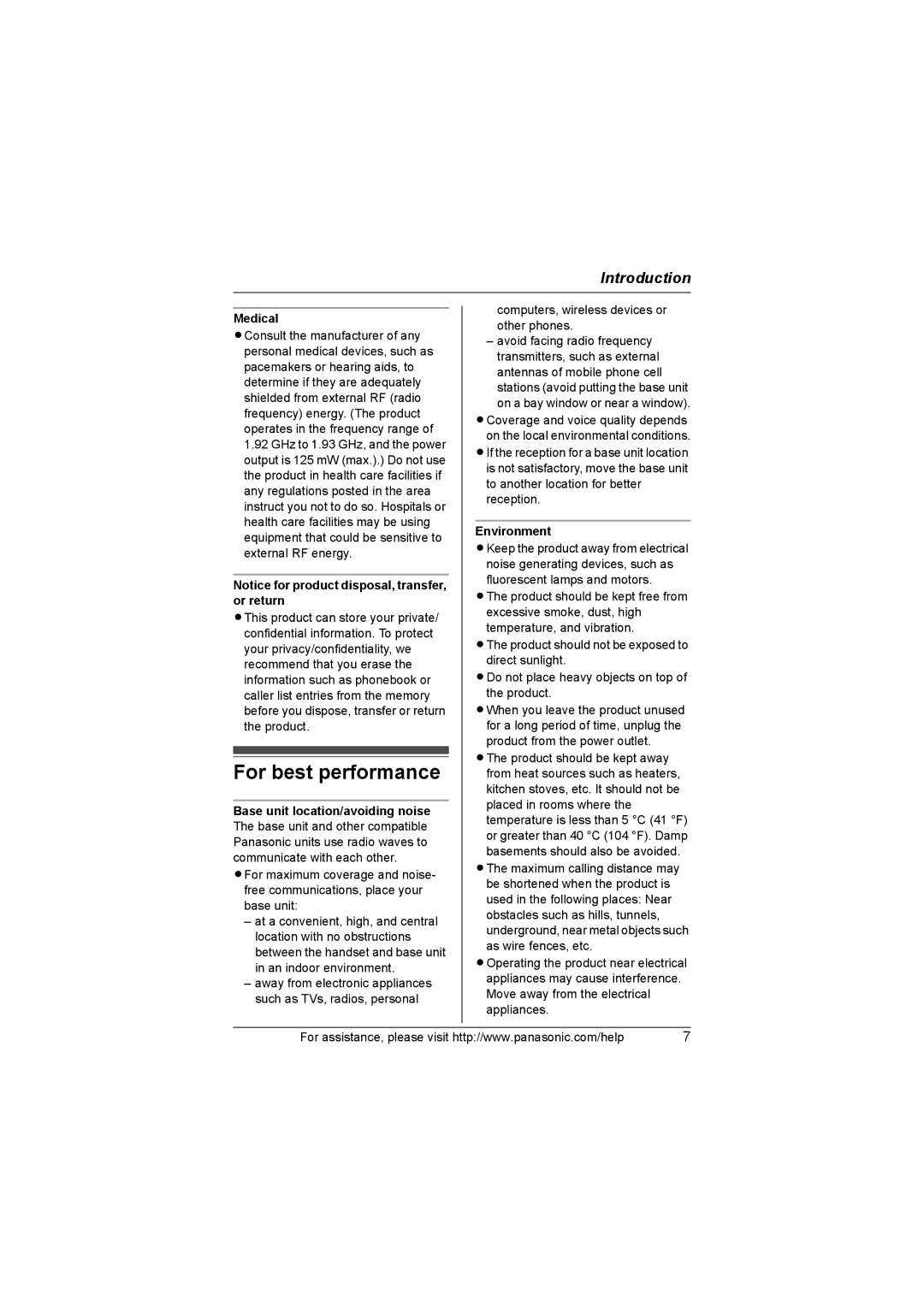 Panasonic KX-TG8232, KX-TG8231 operating instructions For best performance, Medical, Environment 