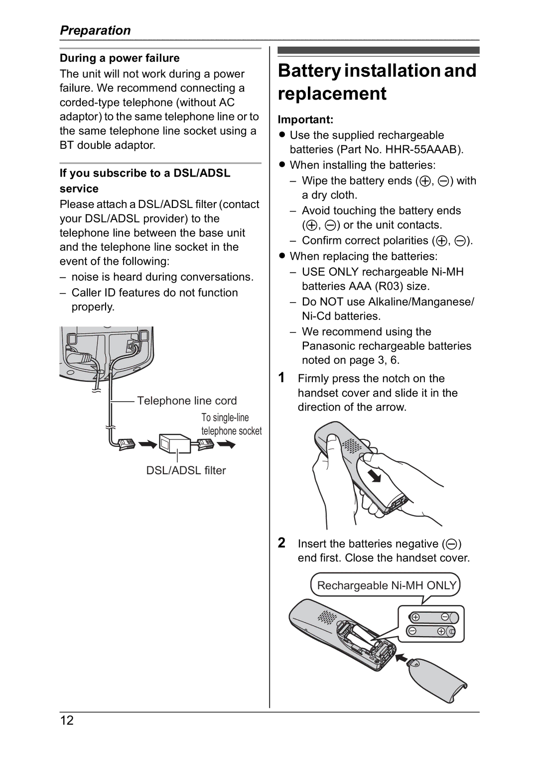 Panasonic KX-TG8301NZ Battery installation and replacement, During a power failure, If you subscribe to a DSL/ADSL service 