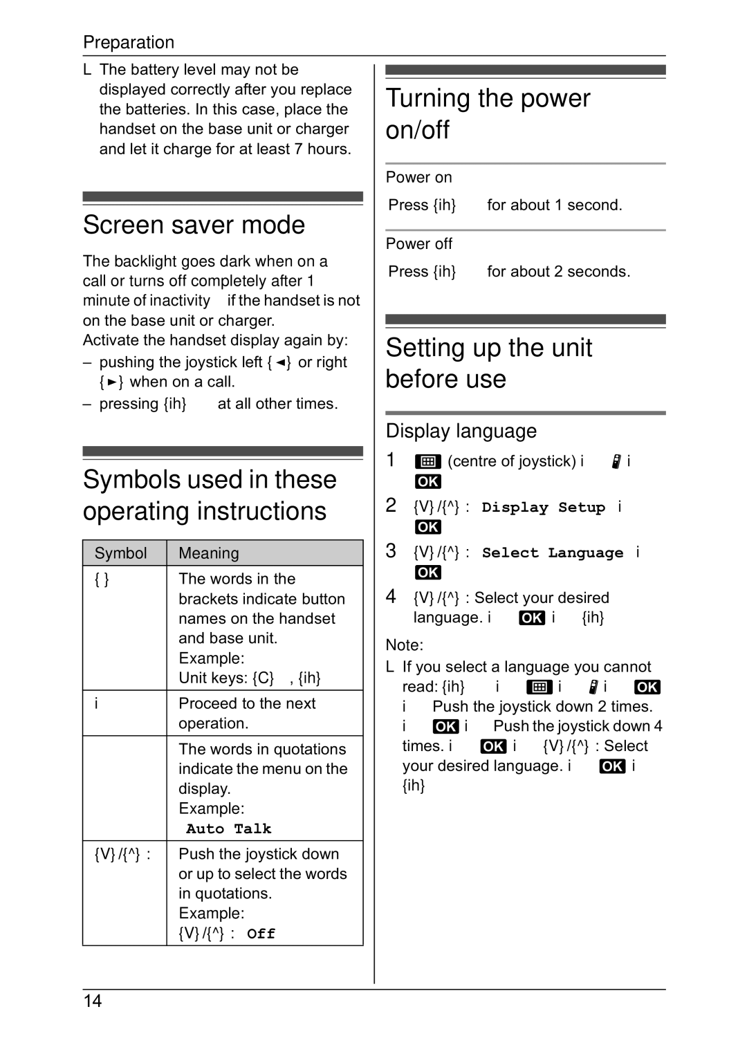 Panasonic KX-TG8301NZ Screen saver mode, Turning the power on/off, Setting up the unit before use, Display language 