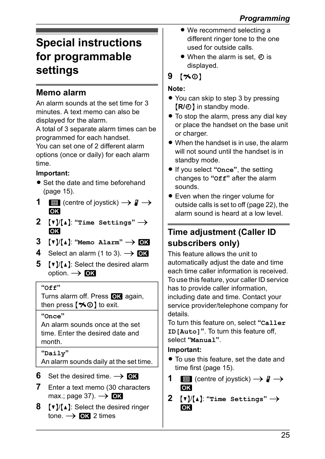 Panasonic KX-TG8301NZ operating instructions Special instructions for programmable settings, Memo alarm, Once, Daily 