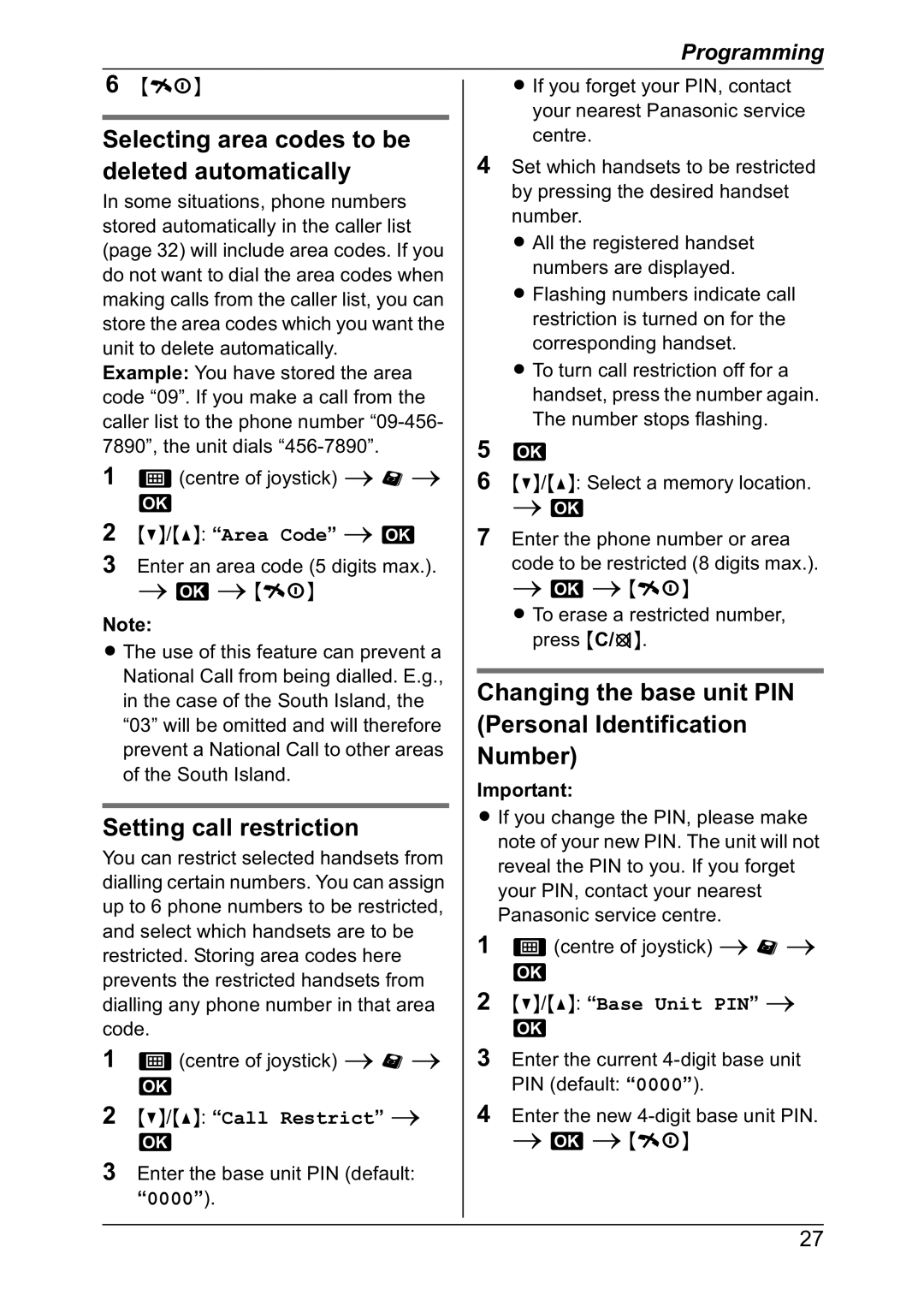 Panasonic KX-TG8301NZ operating instructions Selecting area codes to be deleted automatically, Setting call restriction 