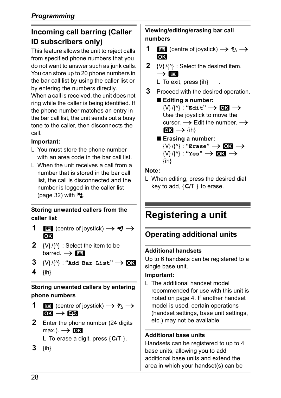 Panasonic KX-TG8301NZ Registering a unit, Incoming call barring Caller ID subscribers only, Operating additional units 