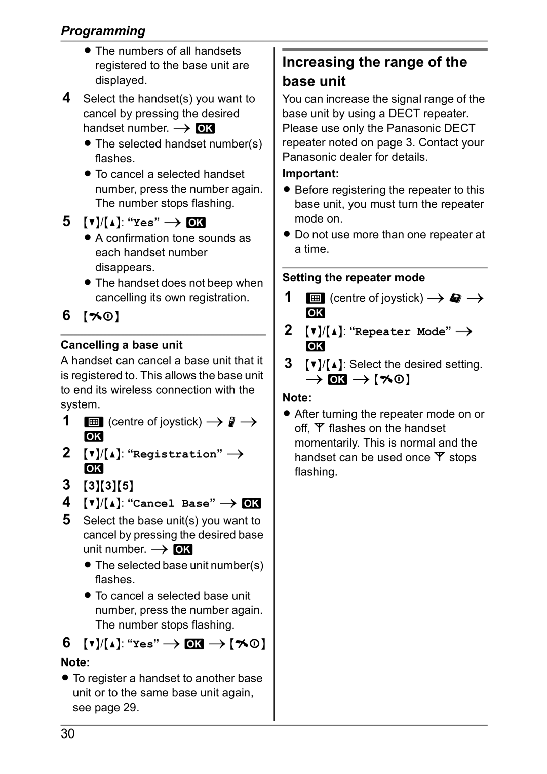 Panasonic KX-TG8301NZ Increasing the range of the base unit, Cancelling a base unit, Setting the repeater mode 