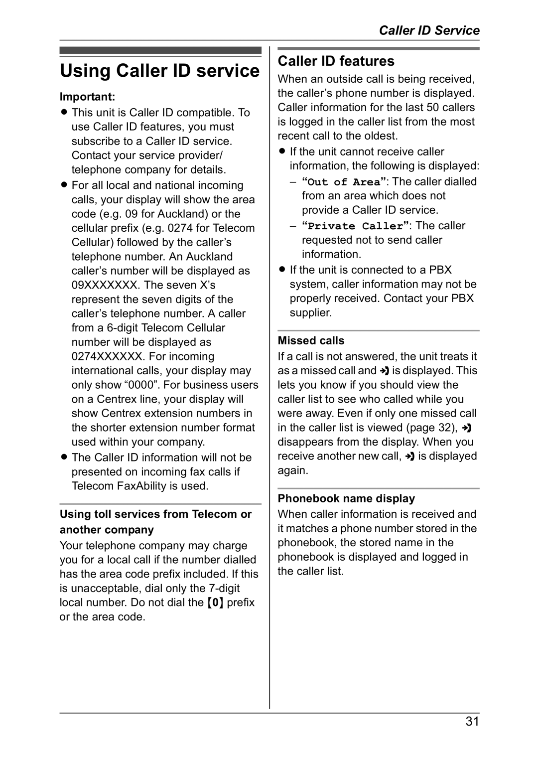 Panasonic KX-TG8301NZ Using Caller ID service, Caller ID features, Using toll services from Telecom or another company 